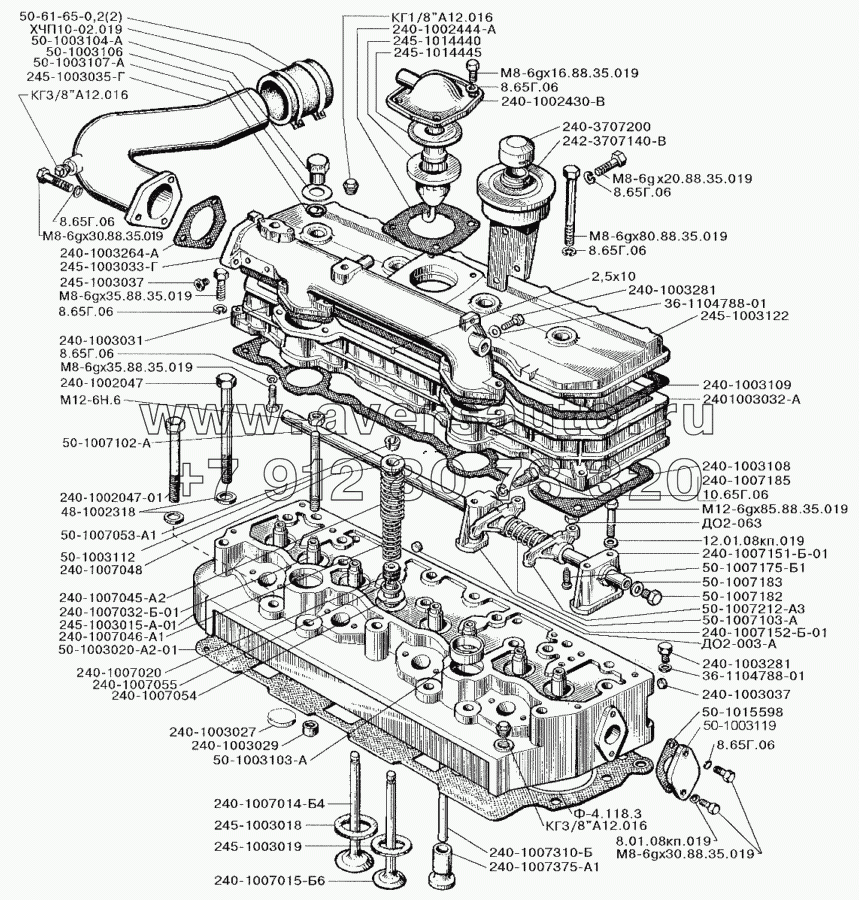 Головка блока цилиндров, клапаны и толкатели двигателя Д-245.12С